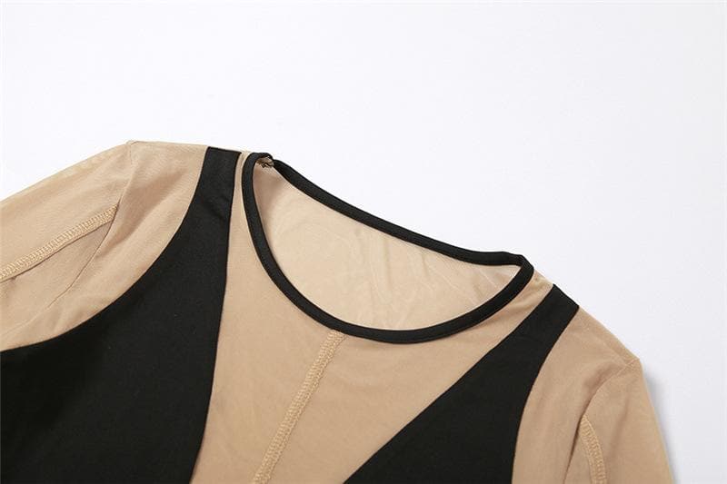 Long sleeve round neck contrast mesh patchwork mini dress 5