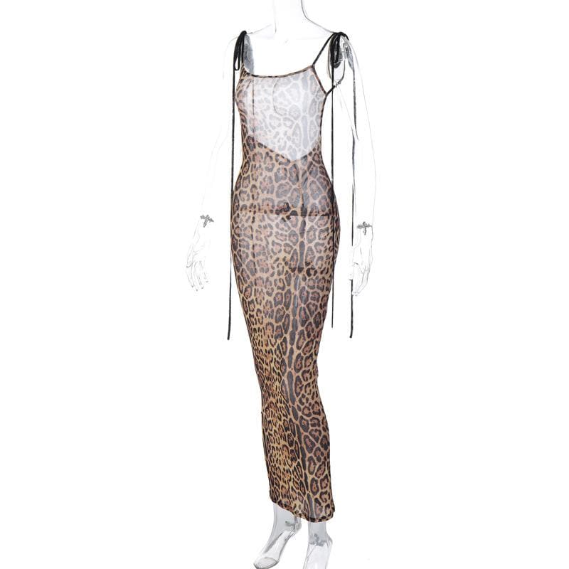 Sheer Mesh Tie Shoulder Spaghetti Strap Bodycon Maxi Dress 9