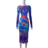 Hollow out contrast print long sleeve ruched mesh patchwork midi dress 9