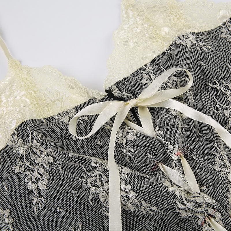 Sheer Lace Tie Front Cardigan and Lace Up Mini Dress Two Piece Set 6