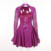 Lace hem long sleeve zip-up lace up backless solid ruffle mini dress 3