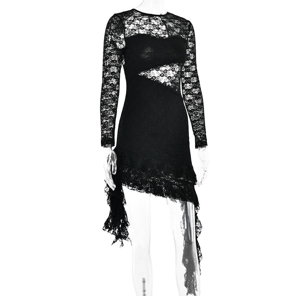 Lace backless solid ruffle long sleeve irregular mini dress 4