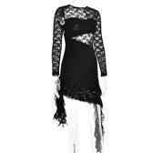 Lace backless solid ruffle long sleeve irregular mini dress 4