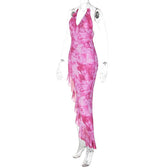 Tie dye ruffle halter mesh backless self tie irregular maxi dress 3