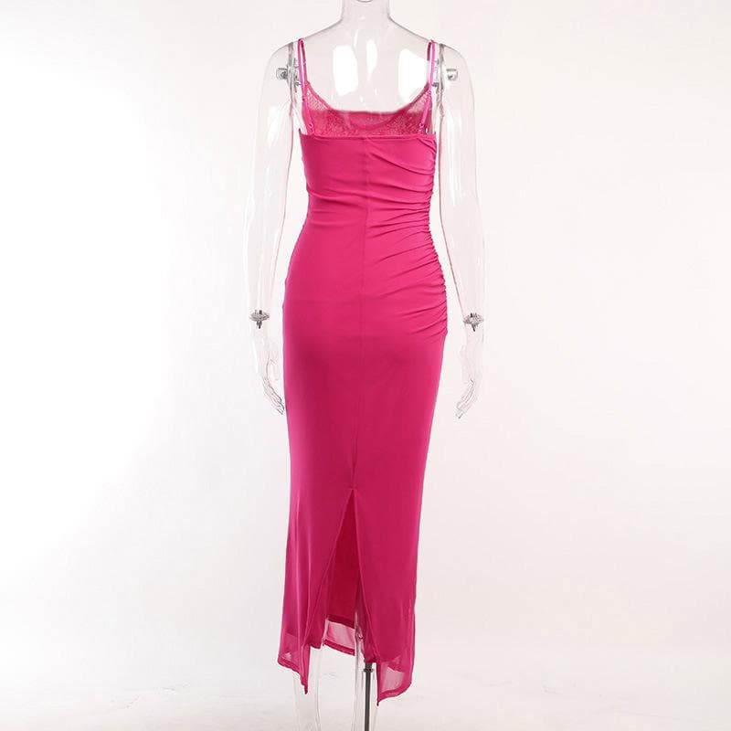 Mesh ruched slit square neck solid backless cami midi dress 5