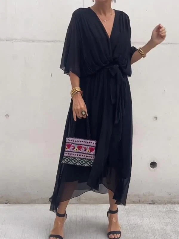 Chiffon Deep V-Neck Batwing Wrap Midi Dress 5