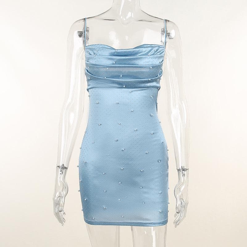Satin Cowl Neck Spaghetti Strap Faux Pearl Beaded Bodycon Mini Dress 2