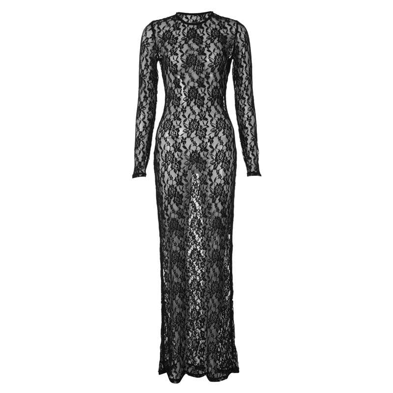 Lace see through long sleeve solid crewneck maxi dress 2