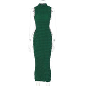 High neck lace up side solid waffle sleeveless midi dress 2