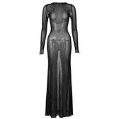 Long sleeve lace up sheer mesh see through maxi dress