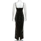 Mesh patchwork contrast PU leather low cut slit maxi dress 3