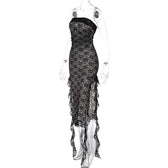 Lace ruffle slit backless ribbon contrast tube midi dress 7