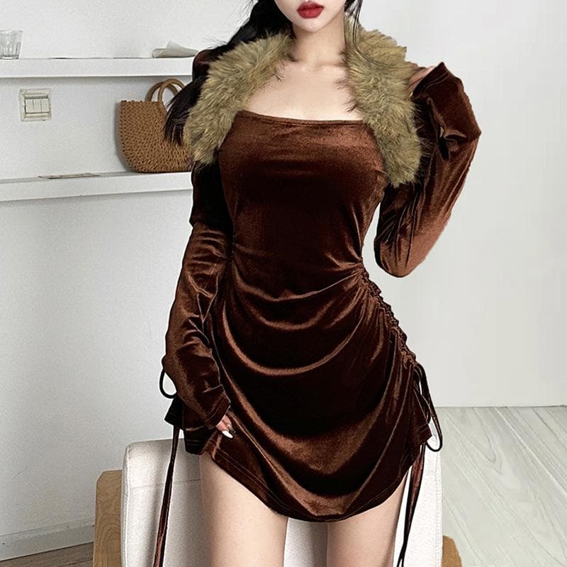 Feather long sleeve velvet ruched drawstring solid mini dress