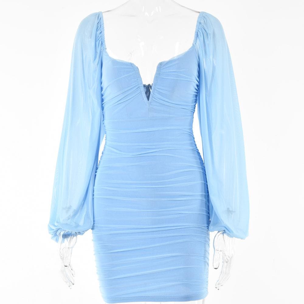 Mesh solid long sleeve ruched notch neck zip-up mini dress 7