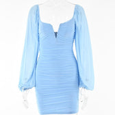 Mesh solid long sleeve ruched notch neck zip-up mini dress 7