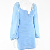 Mesh solid long sleeve ruched notch neck zip-up mini dress 8