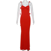 Flower applique backless solid v neck ribbon cami maxi dress 8