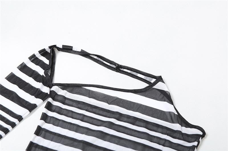 Irregular sheer mesh see through one shoulder striped mini dress 5