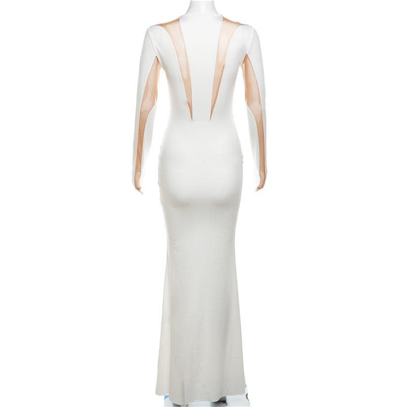 Crewneck long sleeve mesh patchwork maxi dress 7