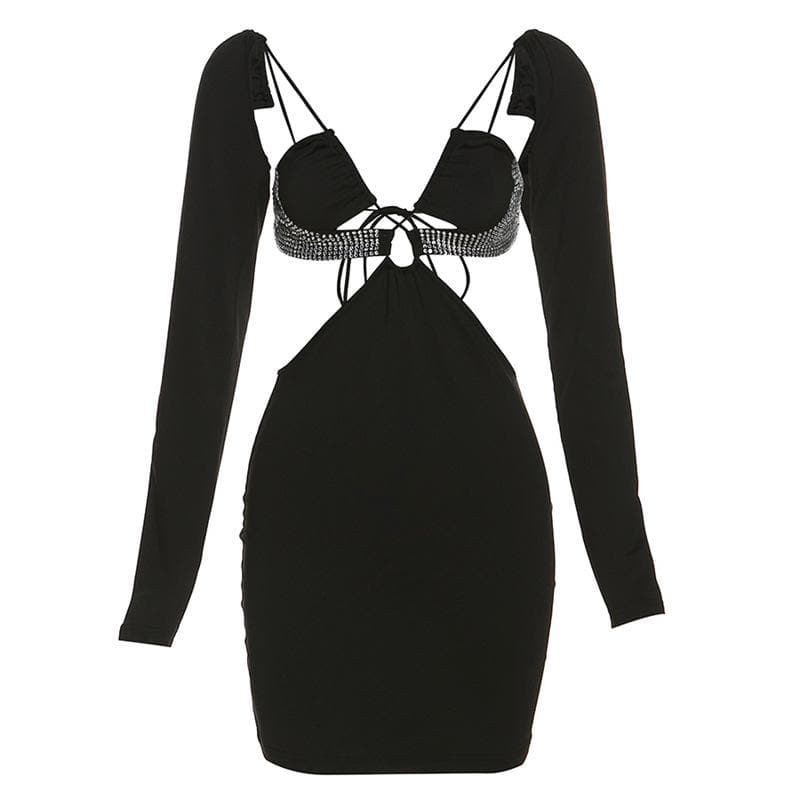 Long sleeve hollow out solid beaded backless self tie mini dress 2