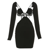 Long sleeve hollow out solid beaded backless self tie mini dress 2