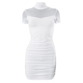 High neck short sleeve mesh patchwork ruched solid mini dress 3
