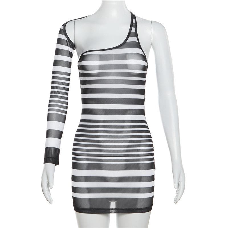 Irregular sheer mesh see through one shoulder striped mini dress 8