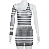 Irregular sheer mesh see through one shoulder striped mini dress 8
