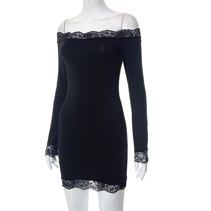 Lace hem solid off shoulder long sleeve mini dress 3