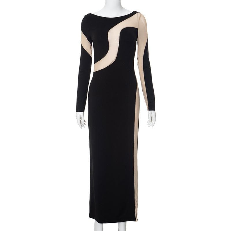 Mesh patchwork contrast irregular long sleeve maxi dress 2