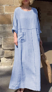 Linen Round Neck Long Sleeve Pocket Maxi Dress 4