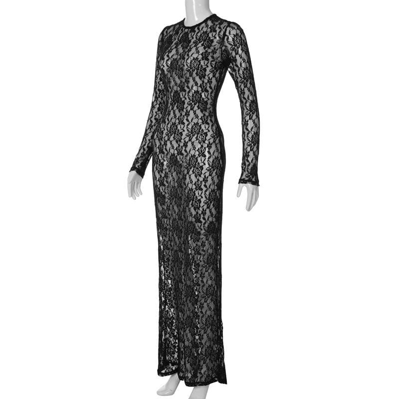 Lace see through long sleeve solid crewneck maxi dress 4