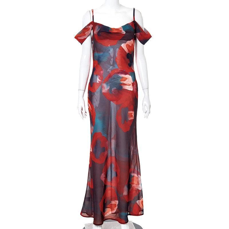 Off shoulder see through chiffon print maxi dress 8