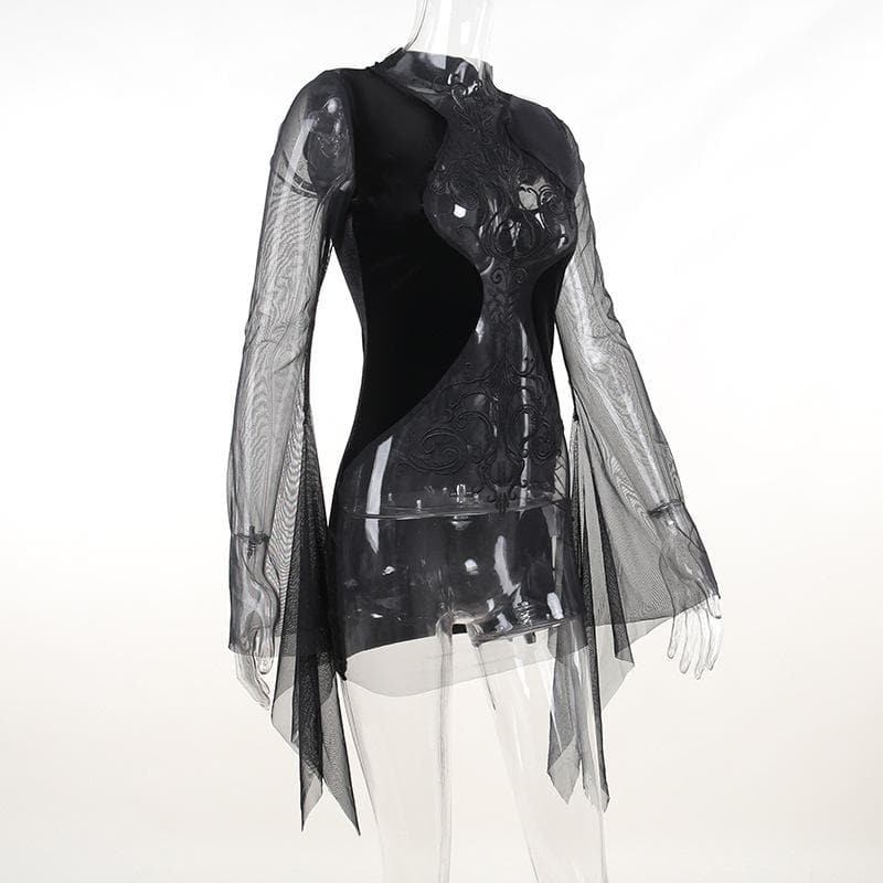 Mesh crewneck long sleeve see through embroidery mini dress 4