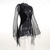 Mesh crewneck long sleeve see through embroidery mini dress 4
