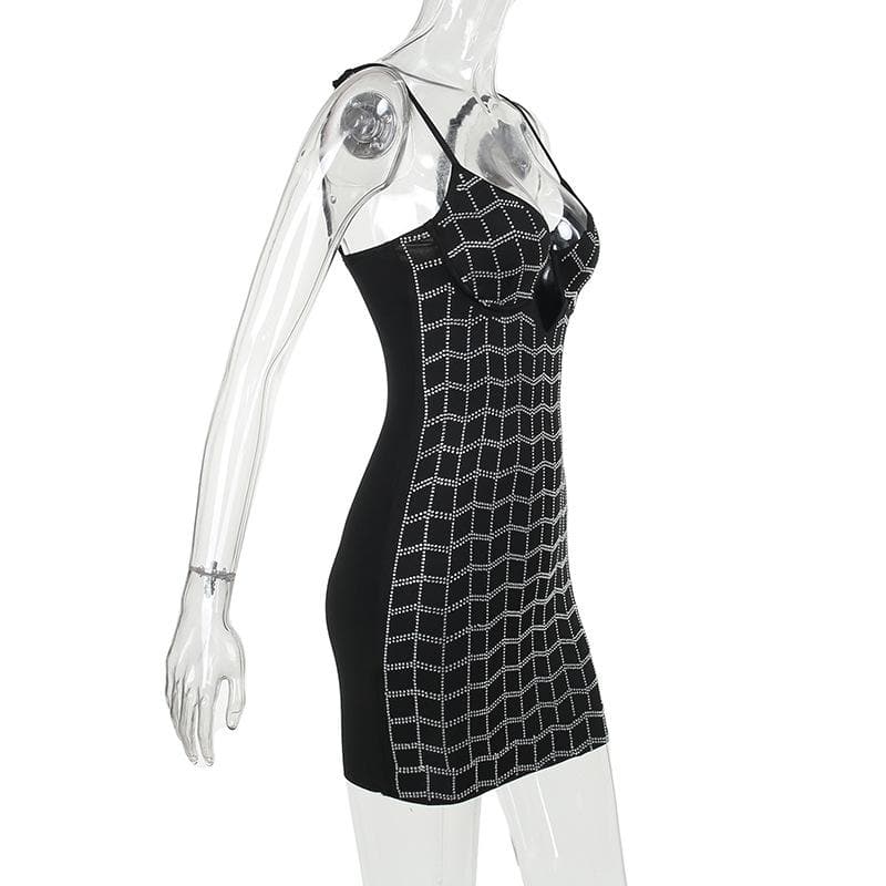 Beaded hollow out v neck backless plaid cami mini dress 7