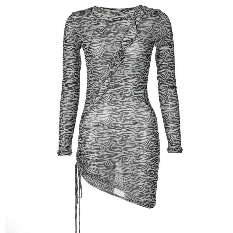 Zebra print hollow out irregular long sleeve sheer mesh see through mini dress 2