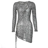 Zebra print hollow out irregular long sleeve sheer mesh see through mini dress 2