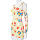 Heart print contrast irregular long sleeve mesh mini dress 7