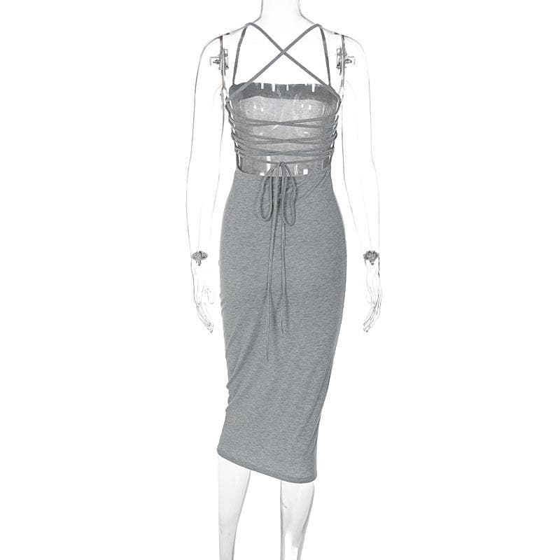 Cross back lace up self tie backless solid square neck midi dress 5