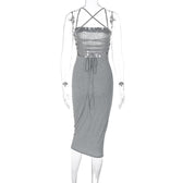 Cross back lace up self tie backless solid square neck midi dress 5
