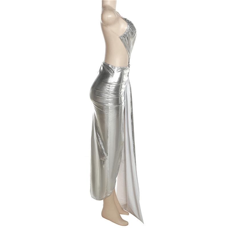 Metallic one shoulder irregular backless maxi dress 7