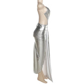 Metallic one shoulder irregular backless maxi dress 7