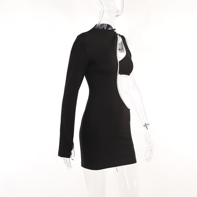Beaded irregular button gloves hollow out long sleeve mini dress 7