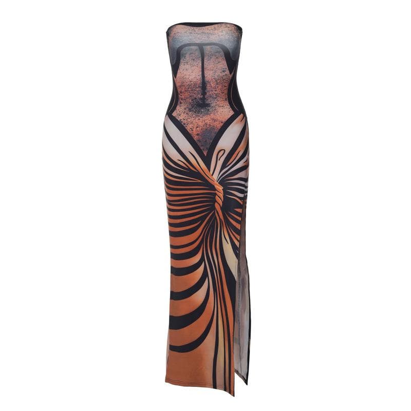Lace up contrast print slit backless tube maxi dress 2