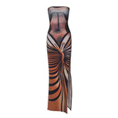 Lace up contrast print slit backless tube maxi dress 2
