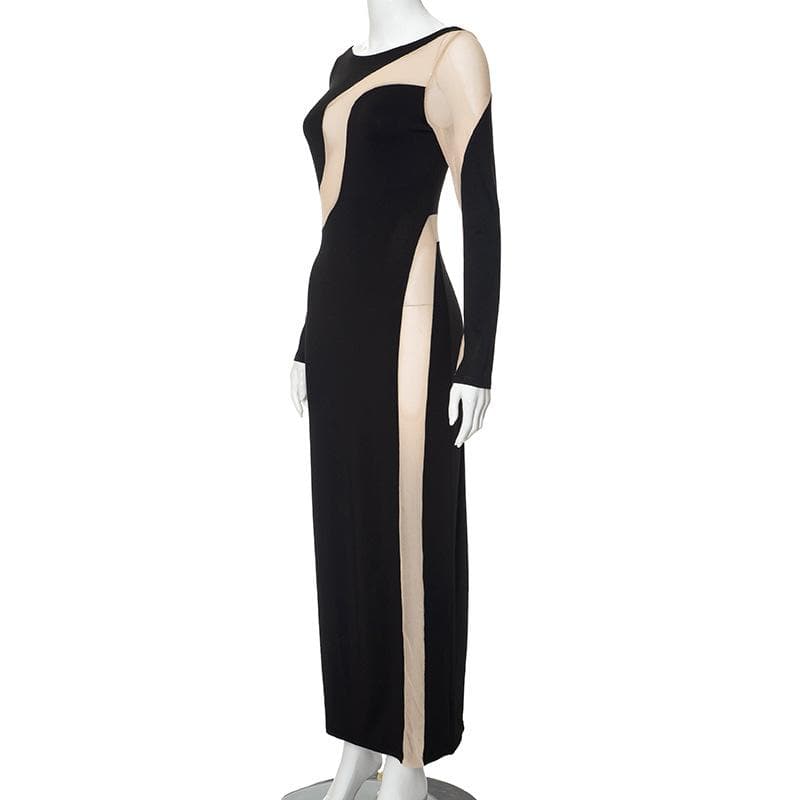 Mesh patchwork contrast irregular long sleeve maxi dress 7