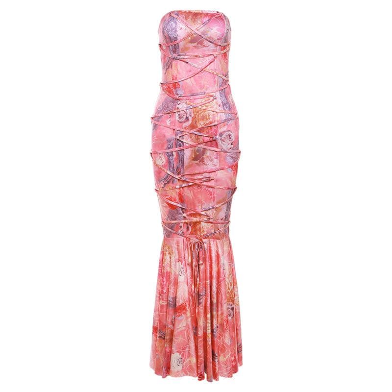 Lace up flower print contrast backless tube maxi dress