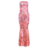 Lace up flower print contrast backless tube maxi dress