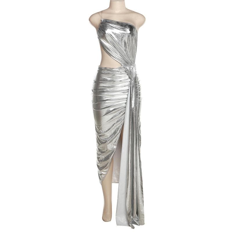 Metallic one shoulder irregular backless maxi dress 2